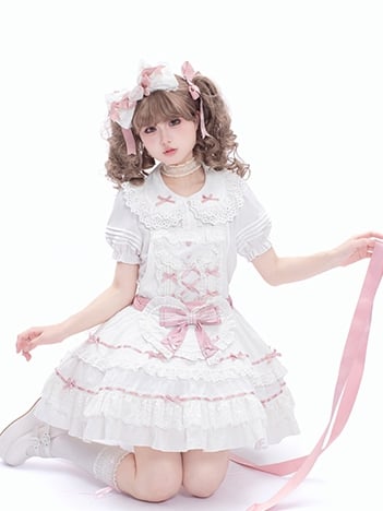 Decorated Self-tie Bow Sweet Lolita White Heart Apron and Pink