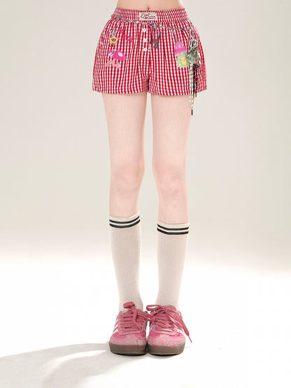 Red Plaid Straight-Leg Casual Shorts