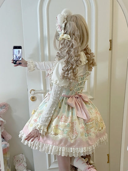 Pink and Green Teddy Print Sweet Lolita Jumper Skirt