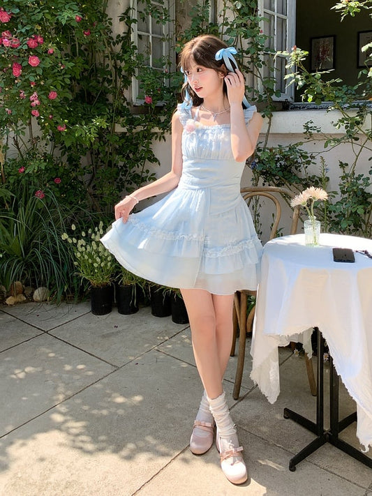 Sleeves Light Blue Flutter Dress Skirt Asymmetrical Chiffon Halter Neck Tiered