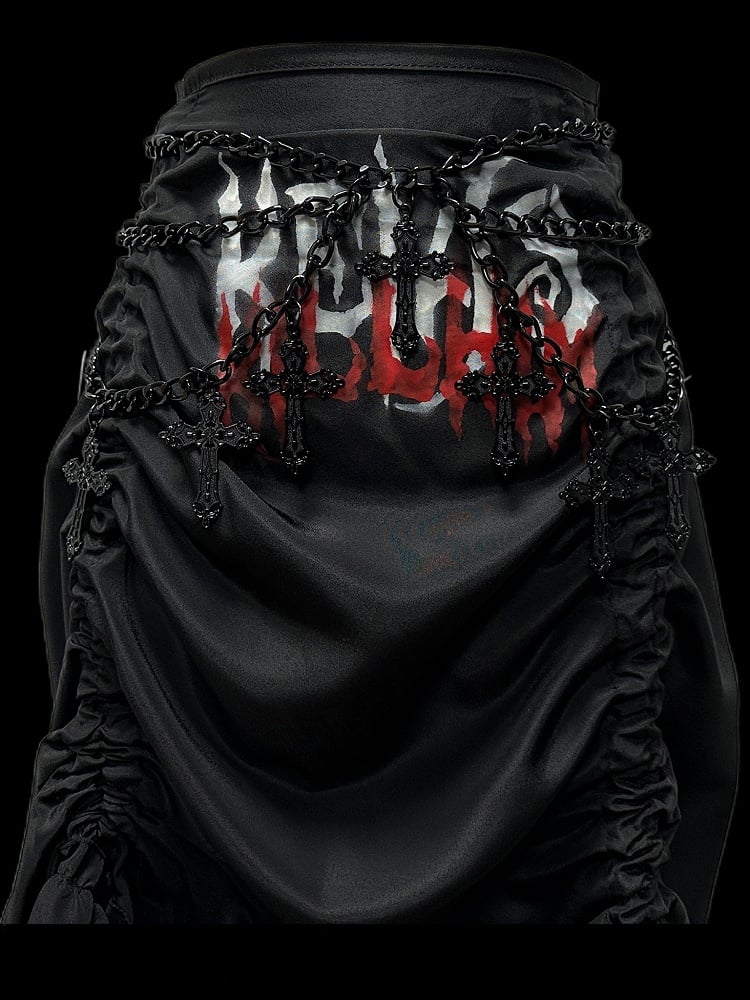 Gothic Black Letters Print Ruched High-low Punk Skirt with Free Cross Charms Waist Chain