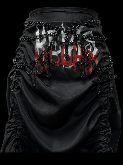 Gothic Black Letters Print Ruched High-low Punk Skirt with Free Cross Charms Waist Chain