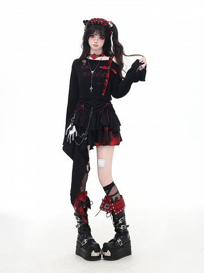 Cami Dress Skirt Red and Black Plaid Drawstring Waist Handkerchief Hem Tiered