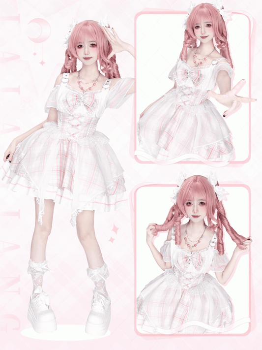 Süßer, schulterfreier Lolita-Pullover mit Idol-Ausschnitt und rosa Karomuster