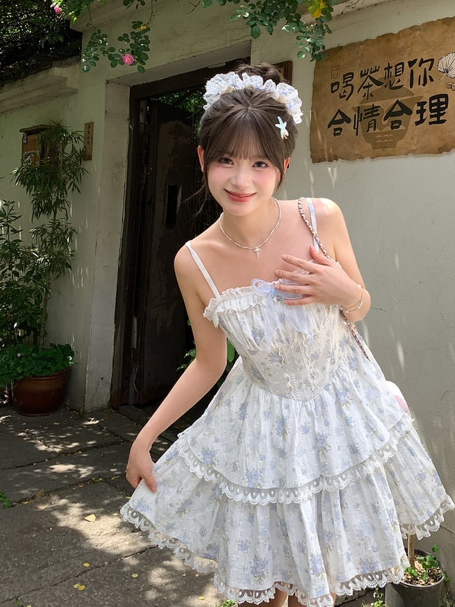 Skirt Short Floral Back Cami Dress Lace-up Version Light Blue Lace Trim Tiered with