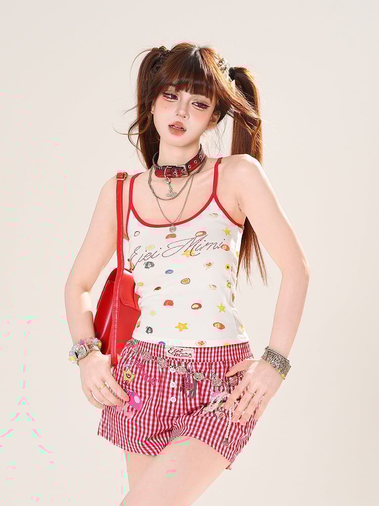 Red Plaid Straight-Leg Casual Shorts