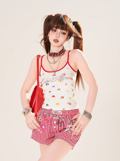 Red Plaid Straight-Leg Casual Shorts