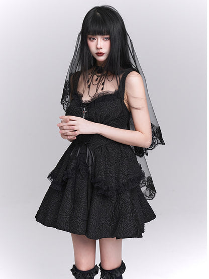 Skirt Gothic Black Sweetheart Neckline Lace-up Front Tiered
