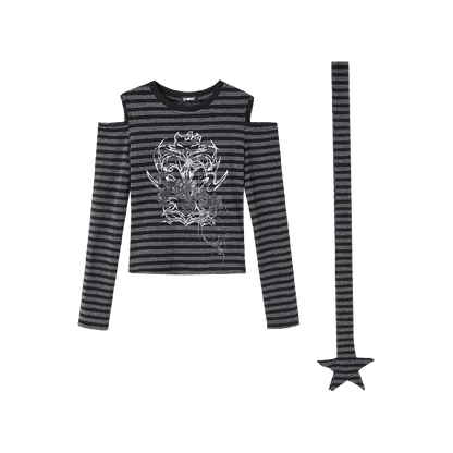mit Schal Schwarz Grau Gestreift Cutout Schulter Grafik Top Star Punk
