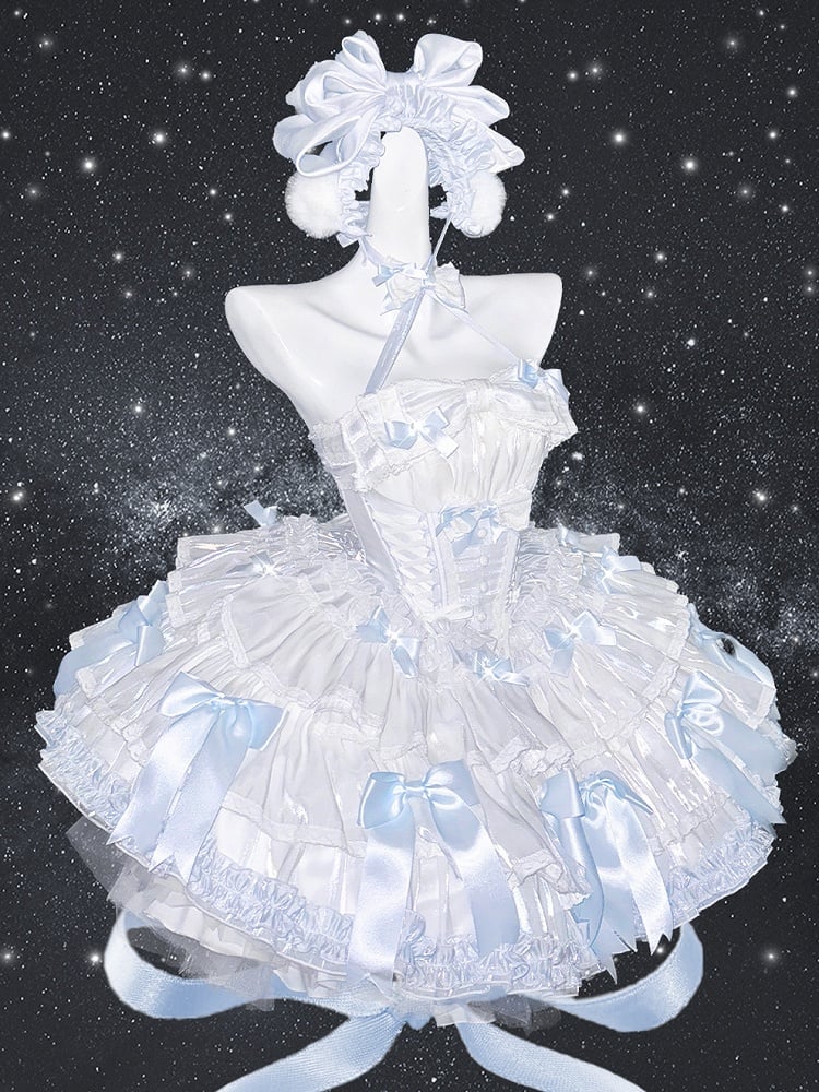 Blue and White Basque Waist Satin Bows Strapless Puffy Dress Full Set