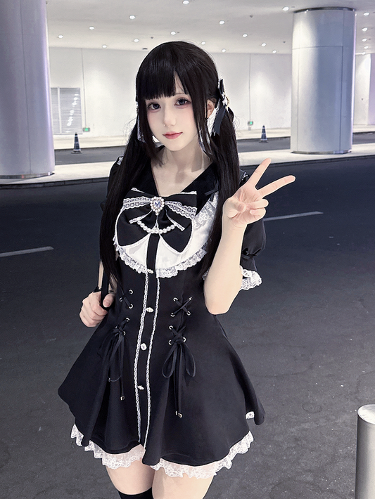 Jirai Embellished Kei Set White Lace-up Waist Rhinestones Mini Dress+Shorts Black Details