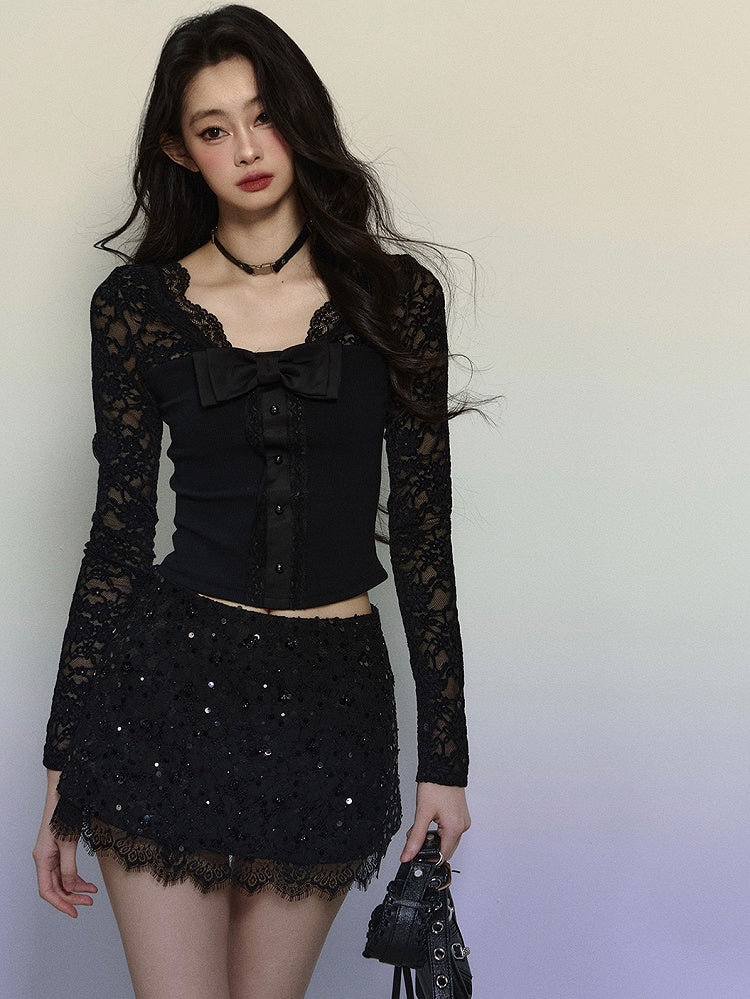 Black Sequins Detail Lace Trim Mini Skirt