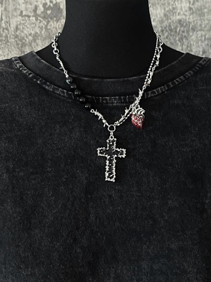 Silver Crossand Heart Pendant Thorn Necklace
