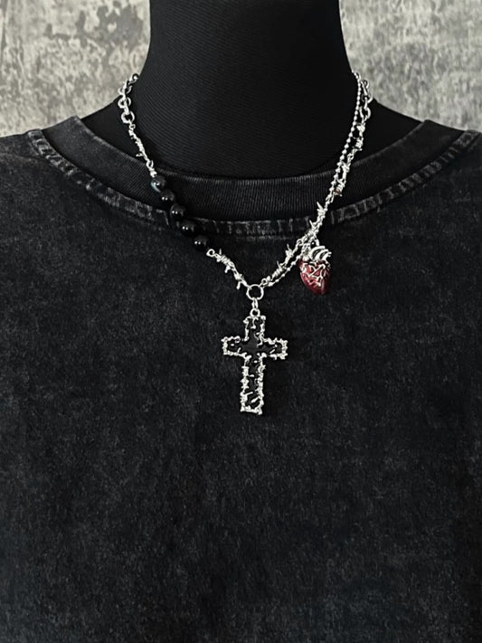 Silver Crossand Heart Pendant Thorn Necklace