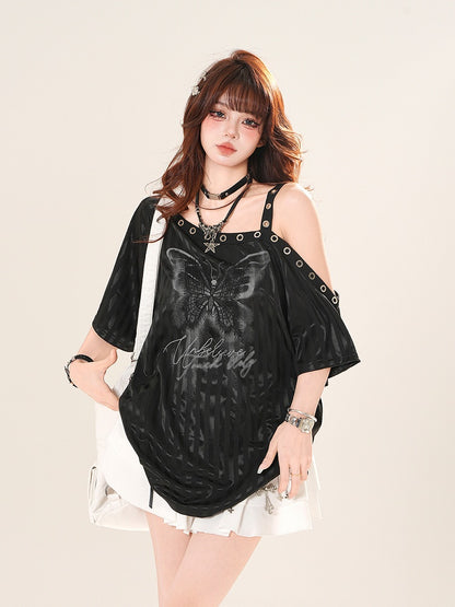 Gestreiftes T-Shirt Asymmetrischer Ausschnitt Schmetterlingsdruck Schwarz/Weiß