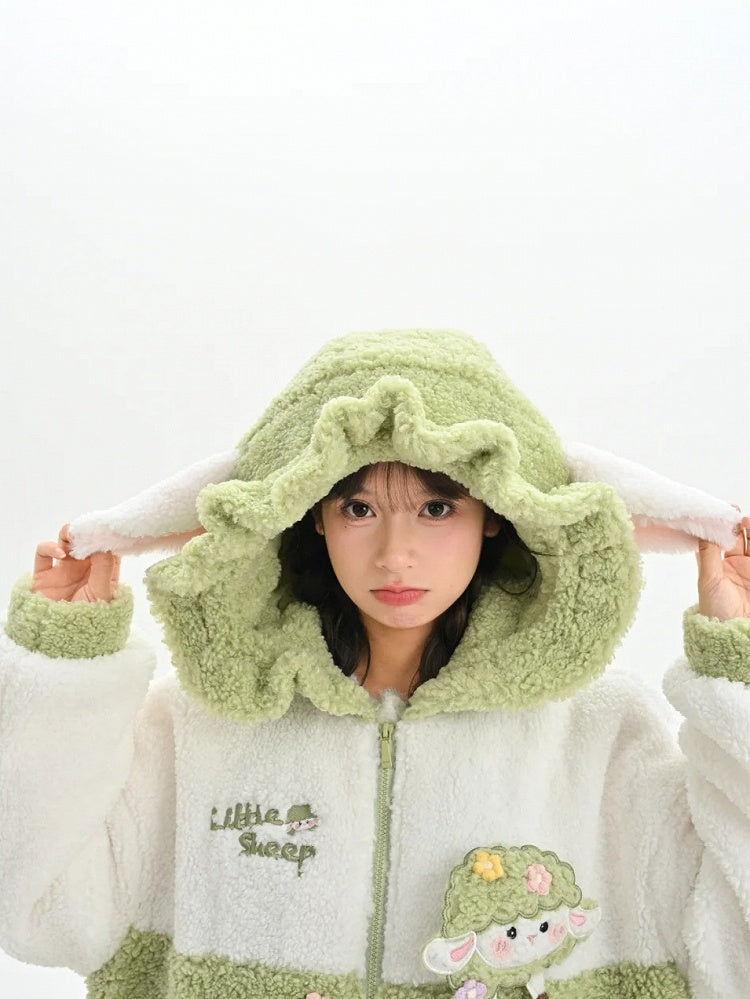 Cute Lamb Applique White and Green Colorblock Design Fleece Zip Hoodie