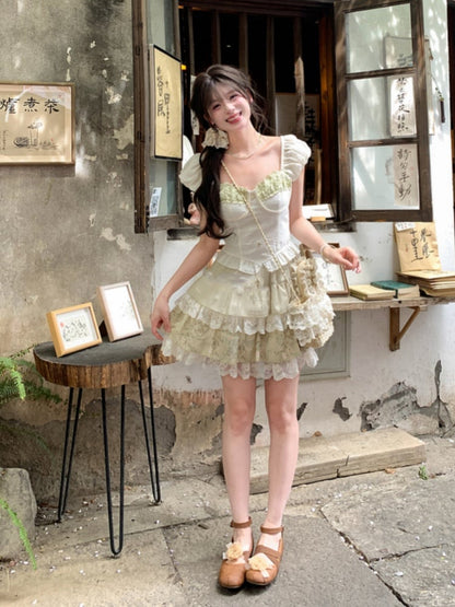 Apricot Sweetheart Neckline Puff Sleeves Sweet Top