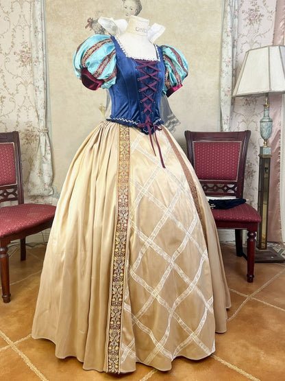 Blue Boned Corset Golden Skirt Lace Collar Set