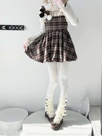 Brown Plaid Ruffled Trim Bubble Dress + White Top Set