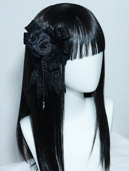 Lolita Design Floral And Black with Skeleton Beaded Hairclip/Brooch Gothic Bow Charm