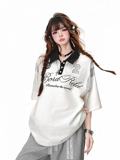 Black/White Polo Collar Preppy Style Sports T-Shirt