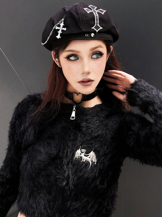 Punk Black Cross Applique Cross Chain Detail Beret