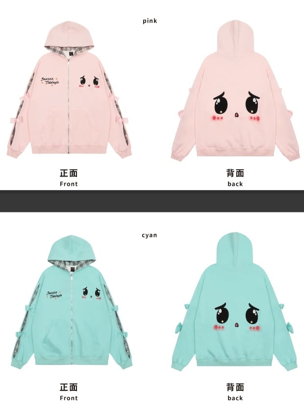 Cute Yami Kawaii Turquoise Blue/Pink Zip Hoodie with Sad Eyes