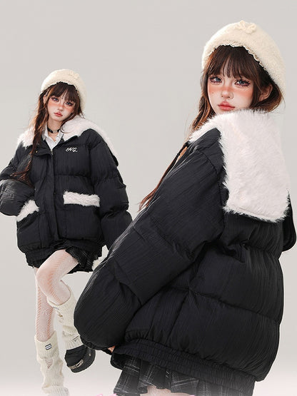 Black Letters Plush Hood Puffer Jacket