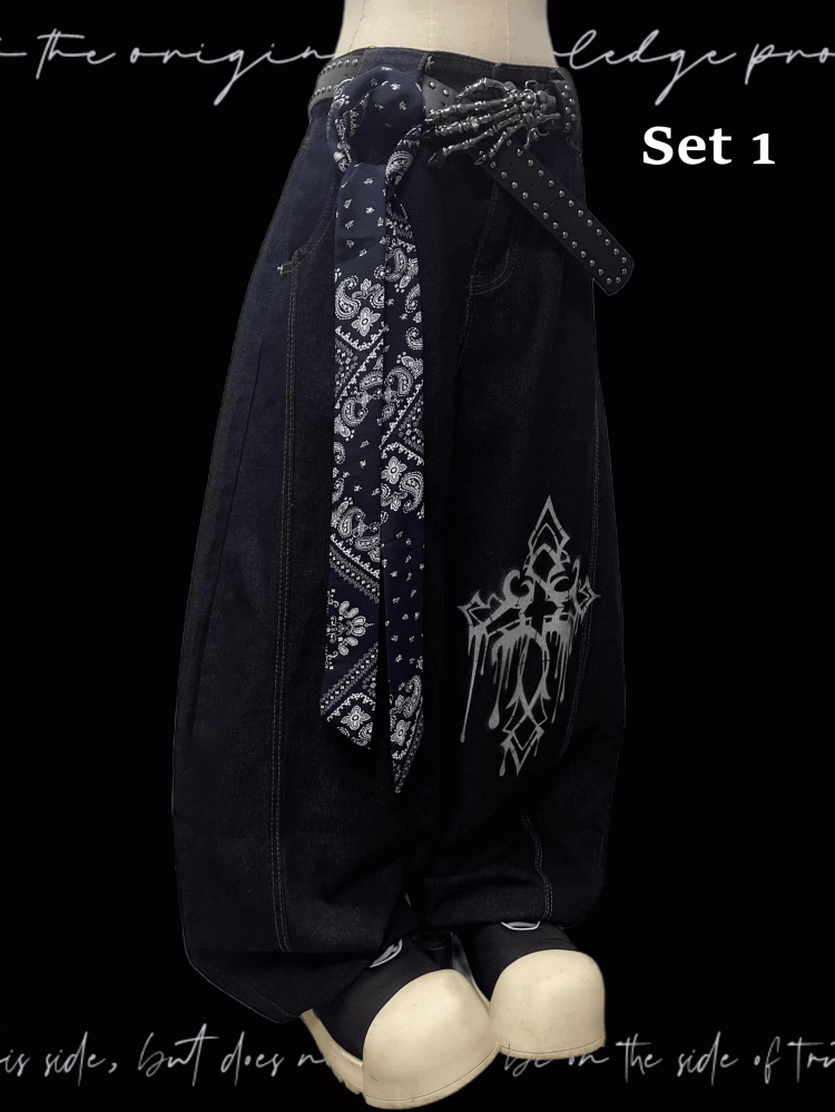 Dunkelblaue Jeans mit weitem Bein und Kreuzmuster