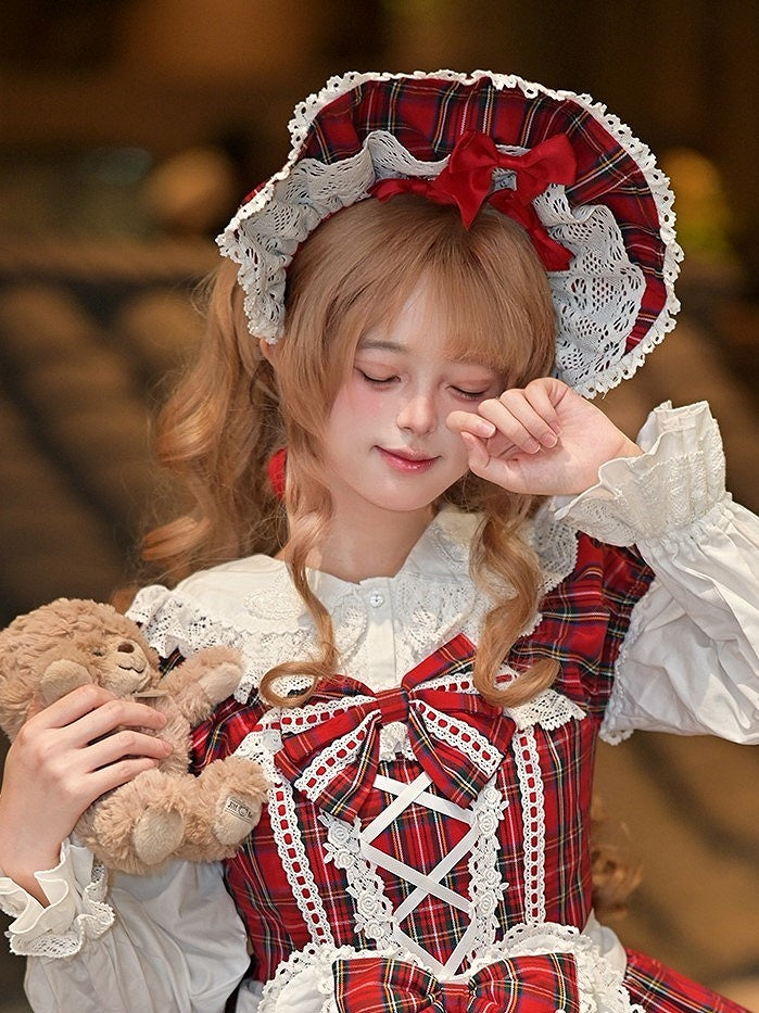 Lolita Bonnet and Bunny Ears Bow Plaid Red/Green with Details