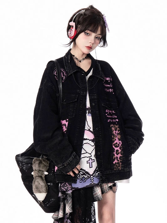 Denim Jacket Faded Wash Vintage Collar Pink Leopard Pattern Black Shirt