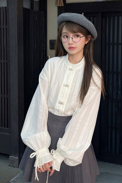White Cheongsam Style Shirt with Self-tie Strap at Cuff