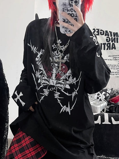 Top Emo Cross And Long Letter Black Sleeves Print Punk