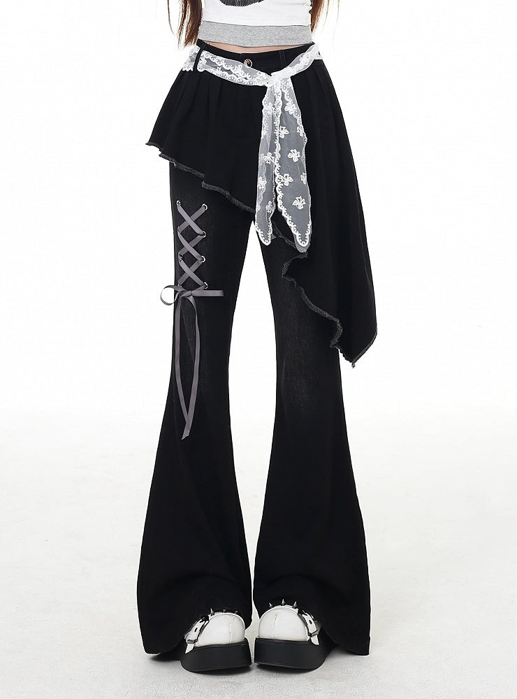 Waist Lace Belt Flared Pants Black Asymmetrical Hem Lace-up Faux Two-Piece Detail with