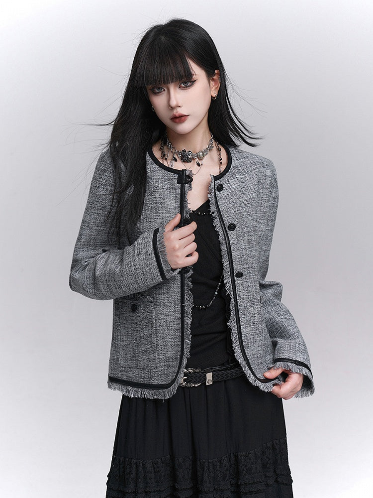 Strukturierte Trim Grau Raw PU Fall Kanten Schwarz Crop Jacke mit