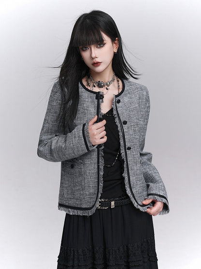 Strukturierte Trim Grau Raw PU Fall Kanten Schwarz Crop Jacke mit