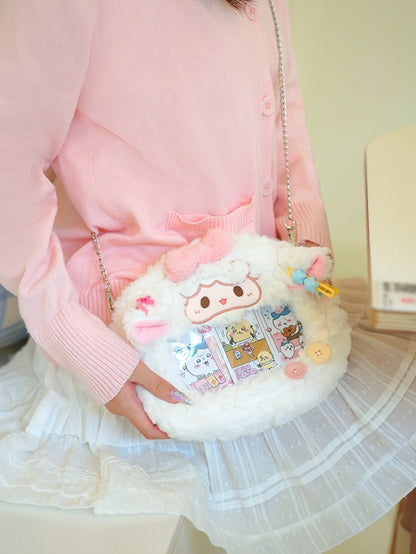 Bowknot Decorated Lamb Crossbody Bag White Plush Ita Cute