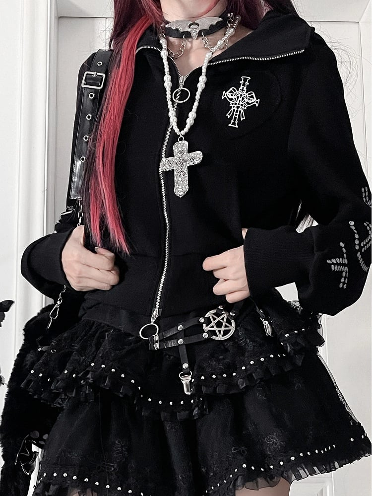 Cross And Bittersweet Kapuzenjacke mit Ohren und schwarzem Katzenherz-Design