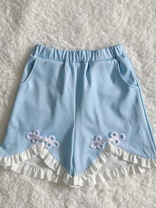 Tenshi Kaiwai Blue&nbsp;Jirai Kei Ruffled Trim Knot Button Shorts
