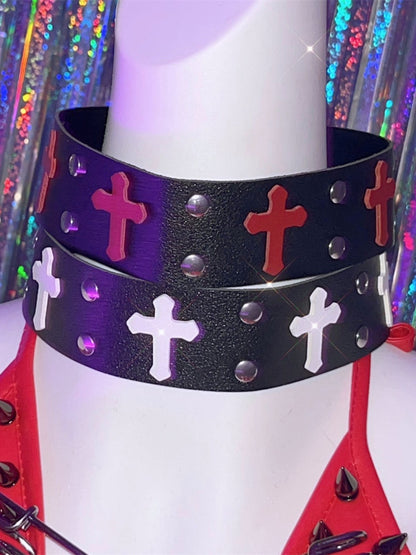 White/Red Cross Stud Detail Punk Choker