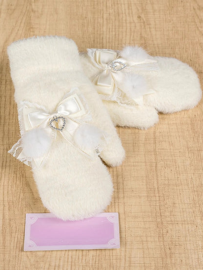 Gants en tricot Jirai Kei blanc lait/blanc et rose/noir avec nœuds