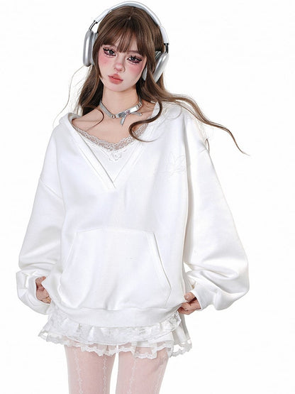 Grey/White Lace Trim V-neck Loose Hoodie Fake Two-piece