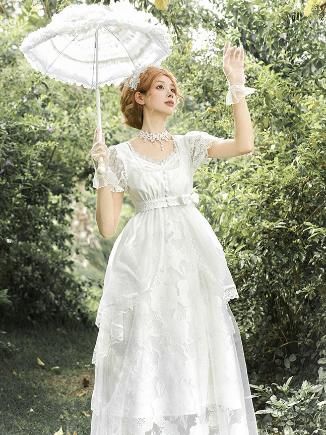 Langes Unterkleid im Slip-Stil, Kopfbedeckungen, Top, voll, Overlay-Version, kurzes Set + Lolita, Weiß, Empire