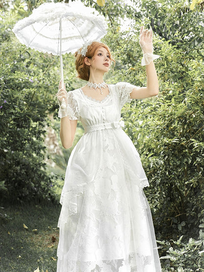 Langes Unterkleid im Slip-Stil, Kopfbedeckungen, Top, voll, Overlay-Version, kurzes Set + Lolita, Weiß, Empire