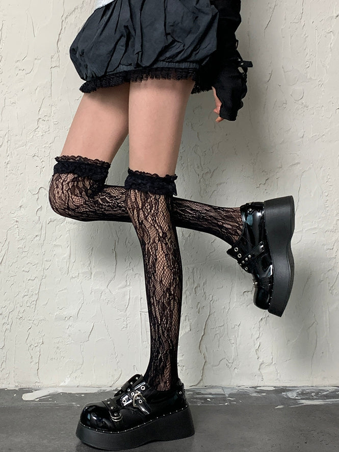 Overknee Design Black Cuff Ruffled Hollow-out Fashion Gyaru Stockings