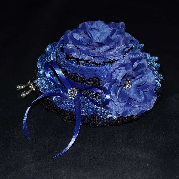 Decorated Trim Design Bowknot Lace Mini Blue Hat Floral
