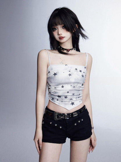 Dye Star Print Glamorous White Tie Cami Top Cropped