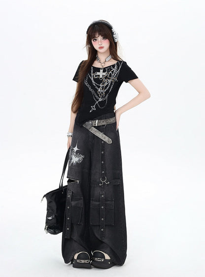 Jeans Black Butterfly Wide-Leg Cargo Print Strap Details Vintage