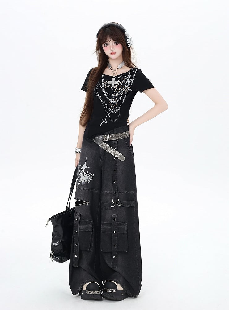 Wide-Leg Cargo Jeans Strap Details Vintage Black Butterfly Print