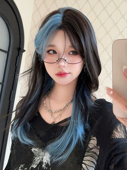 Black and Blue Highlights Long Straight Synthetic Wig With Bangs